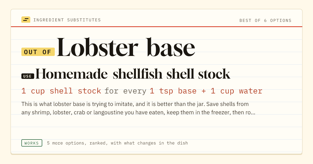 Lobster base substitute: use homemade shellfish shell stock. 1 cup shell stock for every 1 tsp base + 1 cup water.