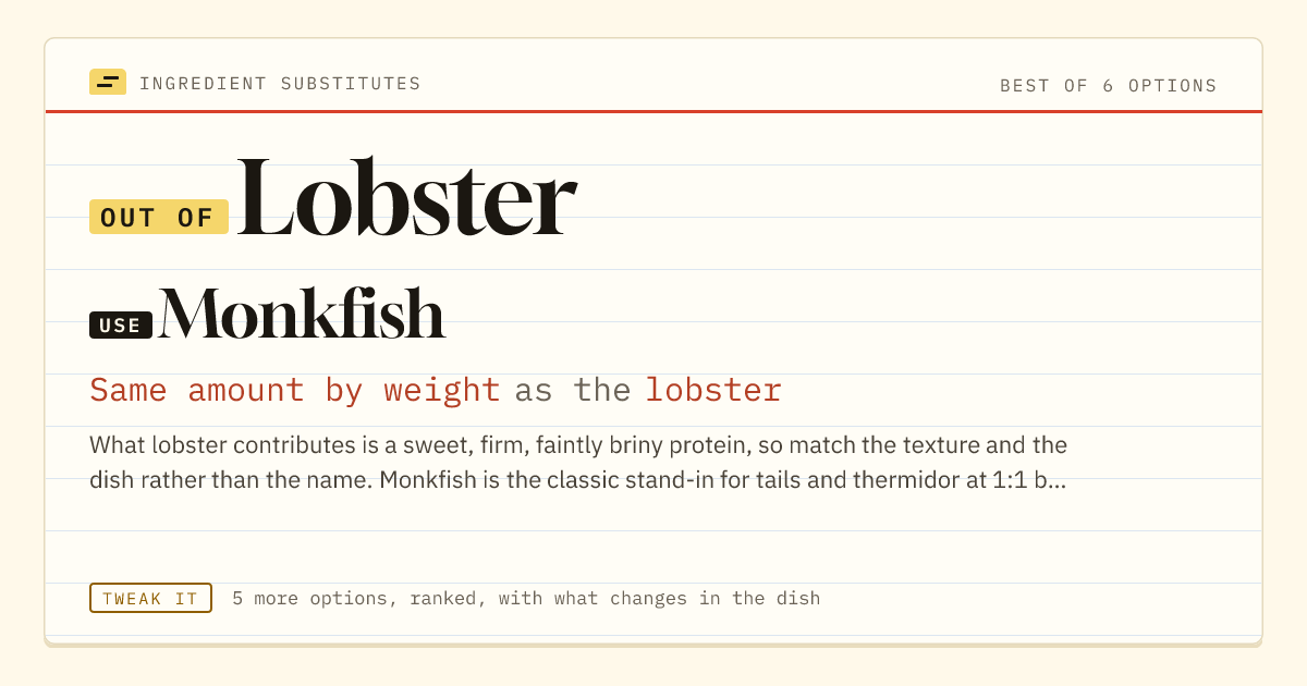 Lobster substitute: use monkfish. Same amount by weight as the lobster.