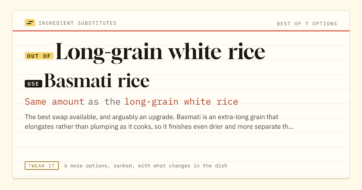 Long-grain white rice substitute: use basmati rice. Same amount as the long-grain white rice.