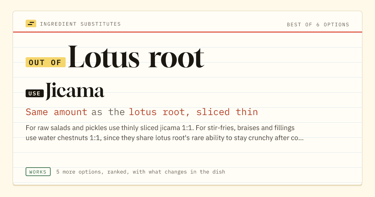 Lotus root substitute: use jicama. Same amount as the lotus root, sliced thin.