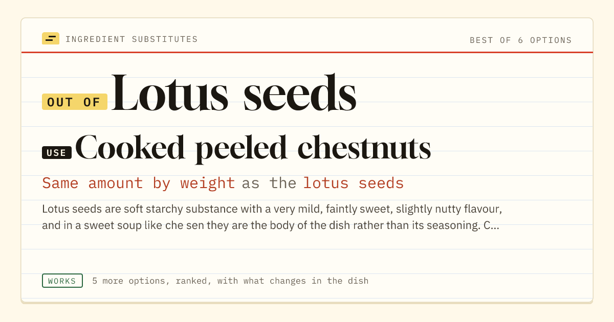 Lotus seeds substitute: use cooked peeled chestnuts. Same amount by weight as the lotus seeds.