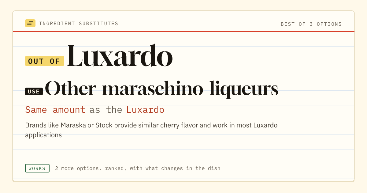 Luxardo substitute: use other maraschino liqueurs. Same amount as the Luxardo.