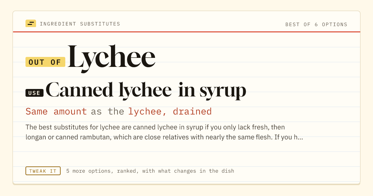 Lychee substitute: use canned lychee in syrup. Same amount as the lychee, drained.