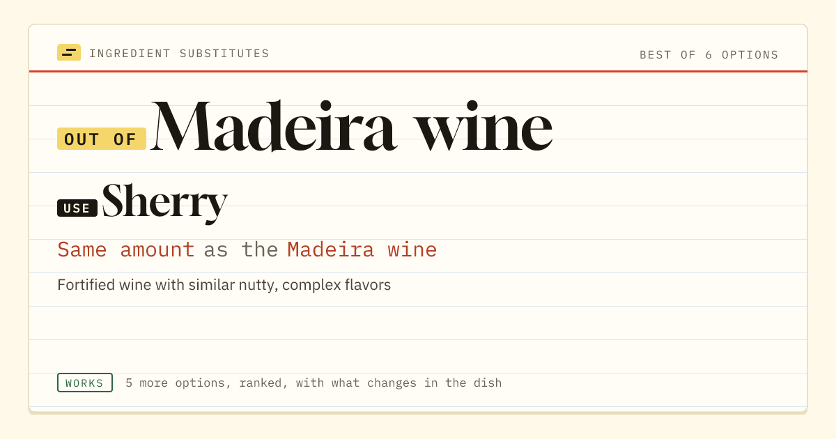 Madeira wine substitute: use sherry. Same amount as the Madeira wine.