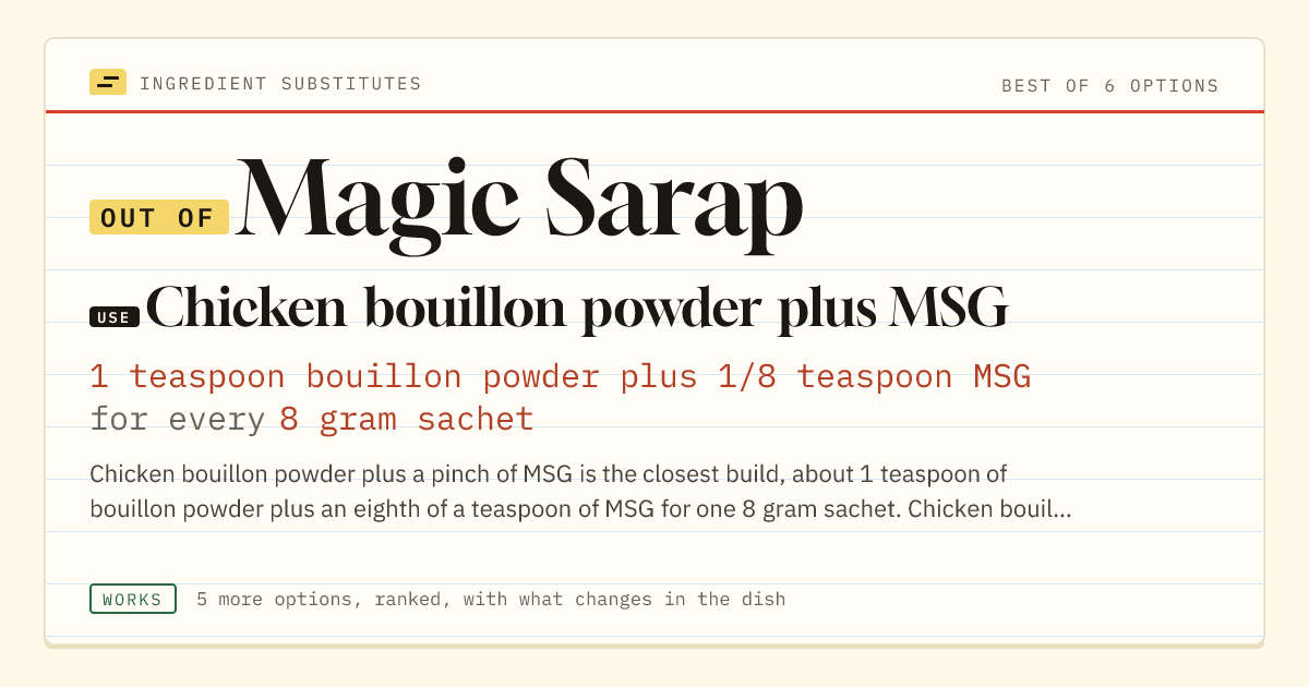 Magic Sarap substitute: use chicken bouillon powder plus MSG. 1 teaspoon bouillon powder plus 1/8 teaspoon MSG for every 8 gram sachet.