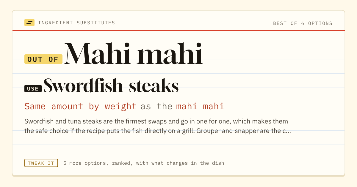 Mahi mahi substitute: use swordfish steaks. Same amount by weight as the mahi mahi.