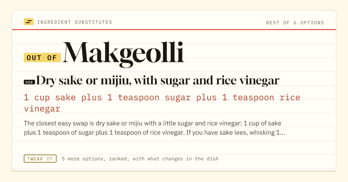 Makgeolli substitute: use dry sake or mijiu, with sugar and rice vinegar. 1 cup sake plus 1 teaspoon sugar plus 1 teaspoon rice vinegar.