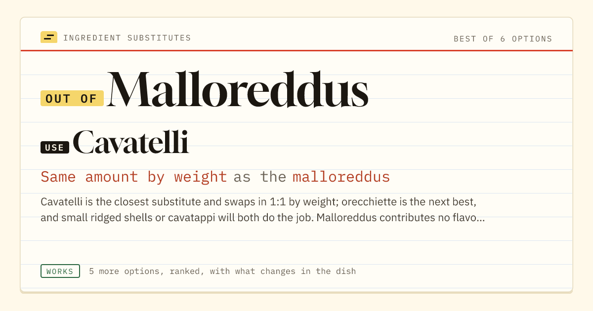 Malloreddus substitute: use cavatelli. Same amount by weight as the malloreddus.