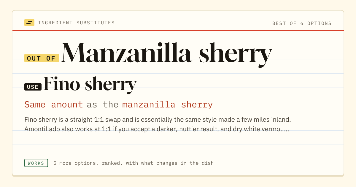Manzanilla sherry substitute: use fino sherry. Same amount as the manzanilla sherry.