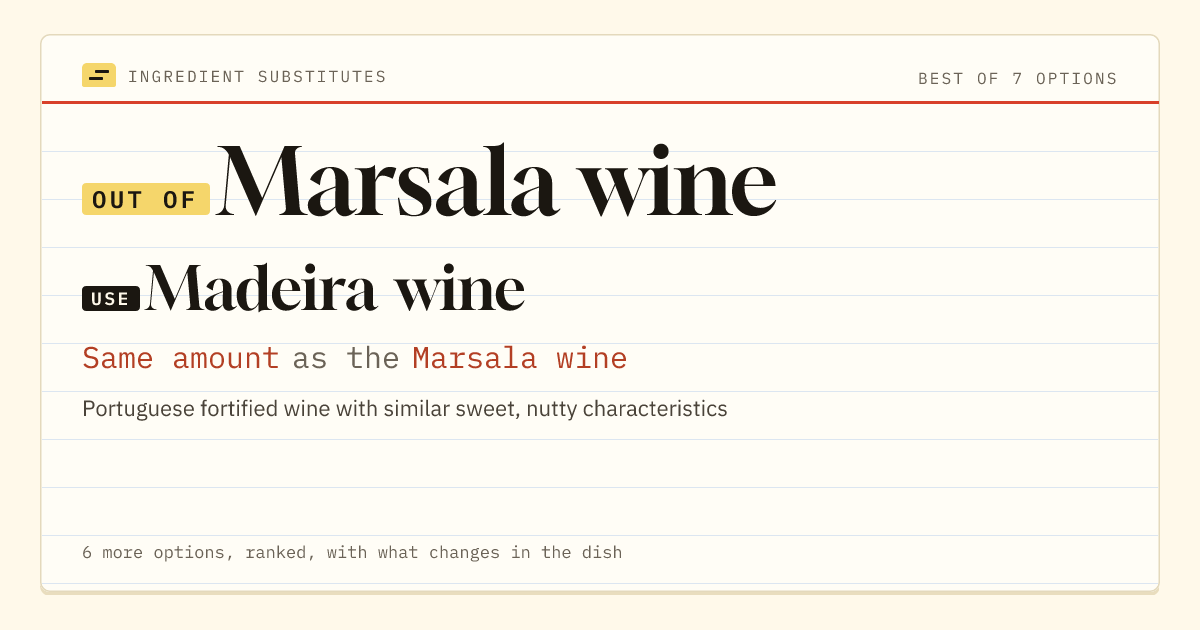Marsala wine substitute: use Madeira wine. Same amount as the Marsala wine.