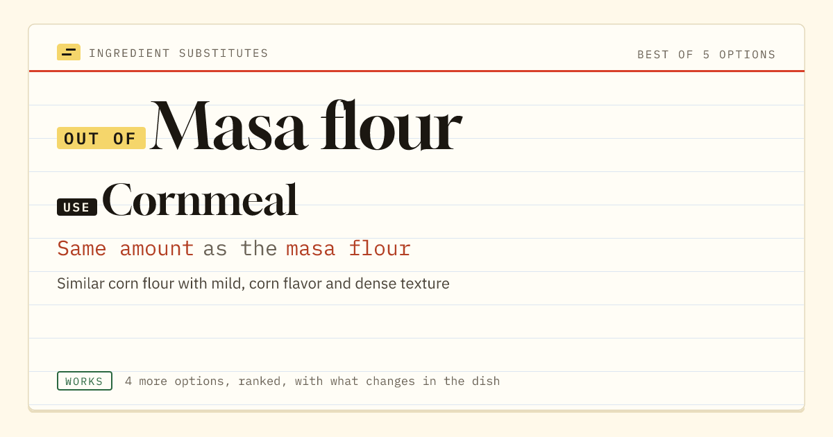 Masa flour substitute: use cornmeal. Same amount as the masa flour.
