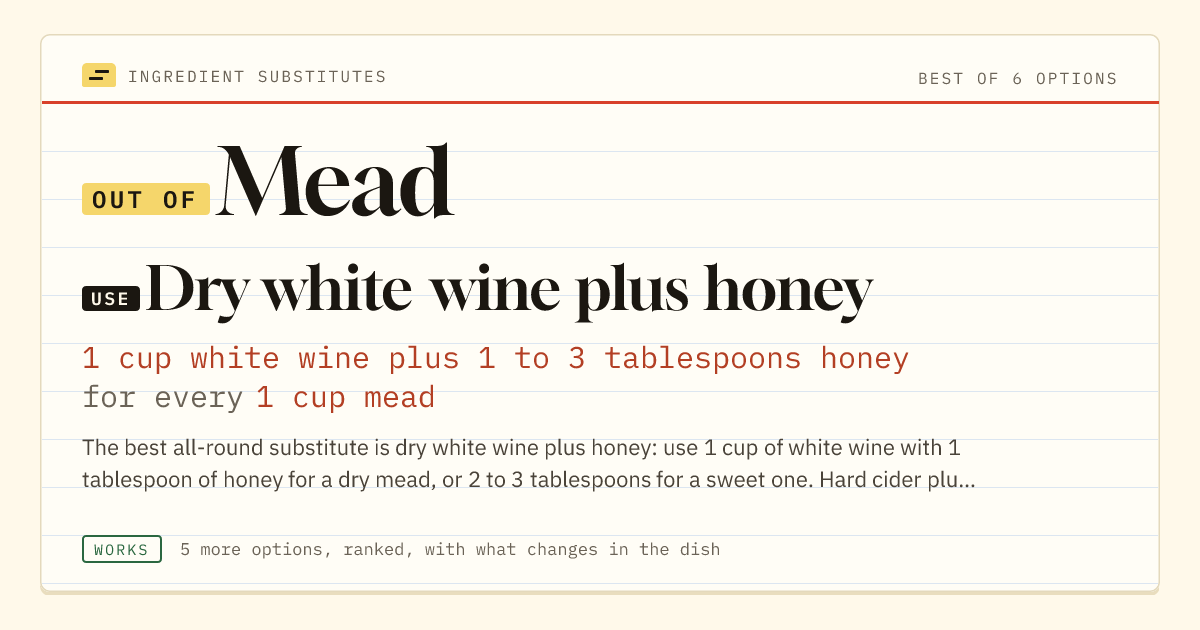 Mead substitute: use dry white wine plus honey. 1 cup white wine plus 1 to 3 tablespoons honey for every 1 cup mead.