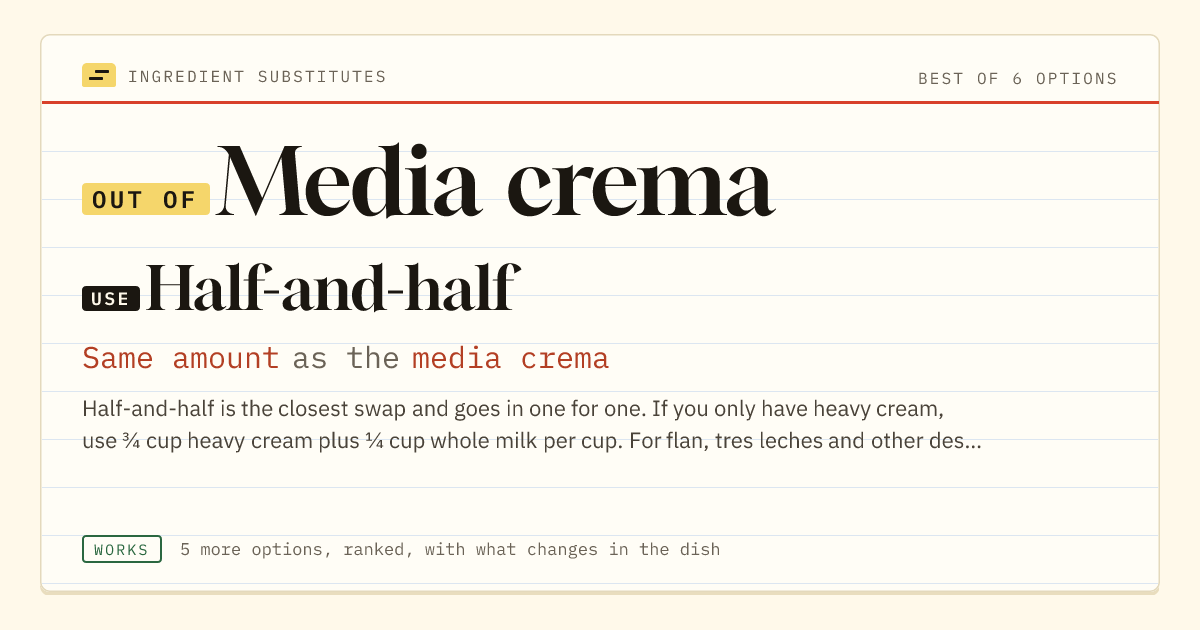 Media crema substitute: use half-and-half. Same amount as the media crema.