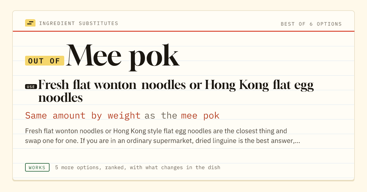 Mee pok substitute: use fresh flat wonton noodles or Hong Kong flat egg noodles. Same amount by weight as the mee pok.