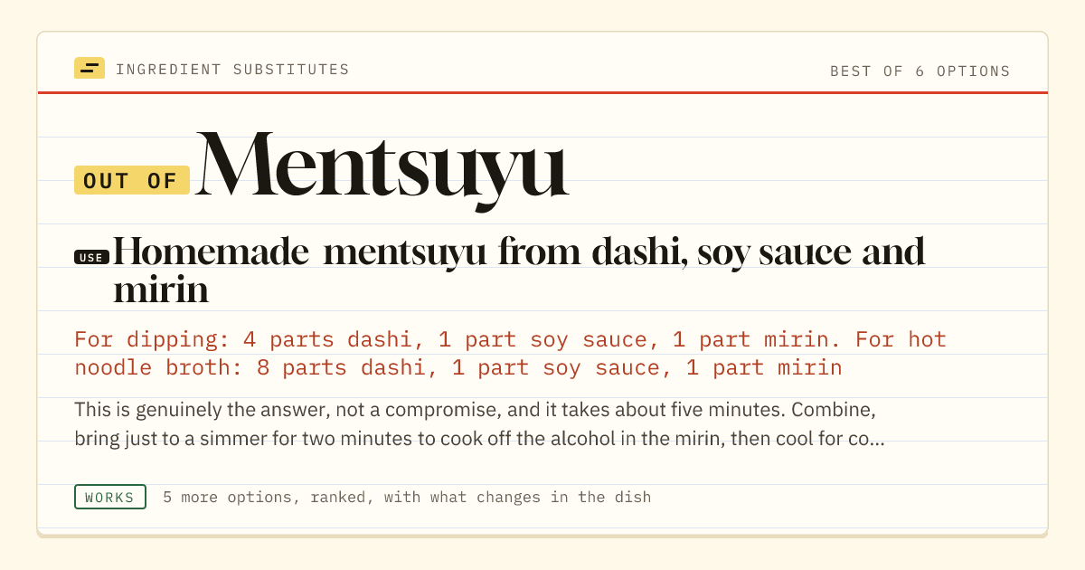 Mentsuyu substitute: use homemade mentsuyu from dashi, soy sauce and mirin.
