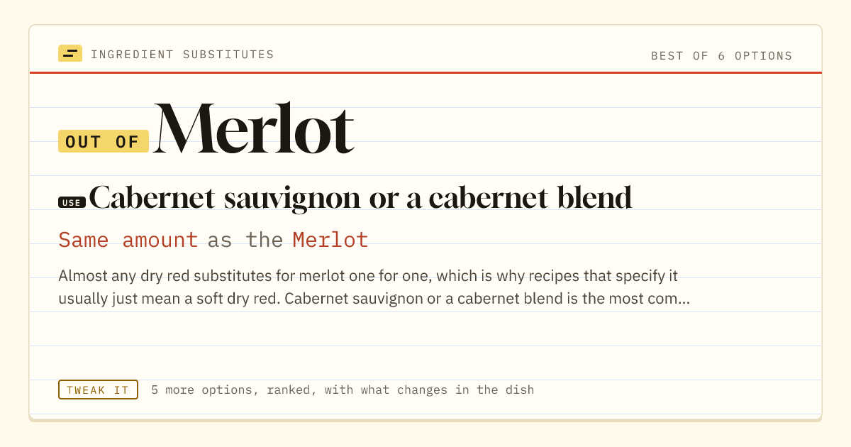 Merlot substitute: use cabernet sauvignon or a cabernet blend. Same amount as the Merlot.
