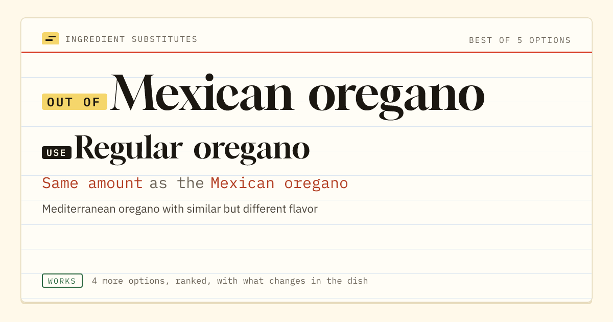 Mexican oregano substitute: use regular oregano. Same amount as the Mexican oregano.