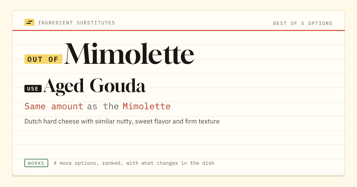 Mimolette substitute: use aged Gouda. Same amount as the Mimolette.