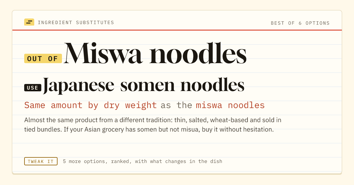 Miswa noodles substitute: use Japanese somen noodles. Same amount by dry weight as the miswa noodles.
