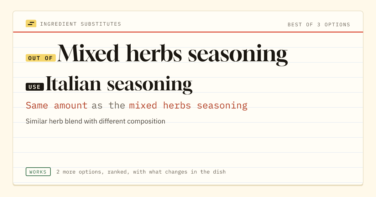Mixed herbs seasoning substitute: use Italian seasoning. Same amount as the mixed herbs seasoning.