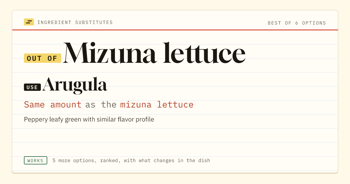 Mizuna lettuce substitute: use arugula. Same amount as the mizuna lettuce.