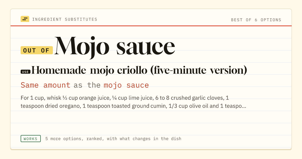 Mojo sauce substitute: use homemade mojo criollo (five-minute version). Same amount as the mojo sauce.
