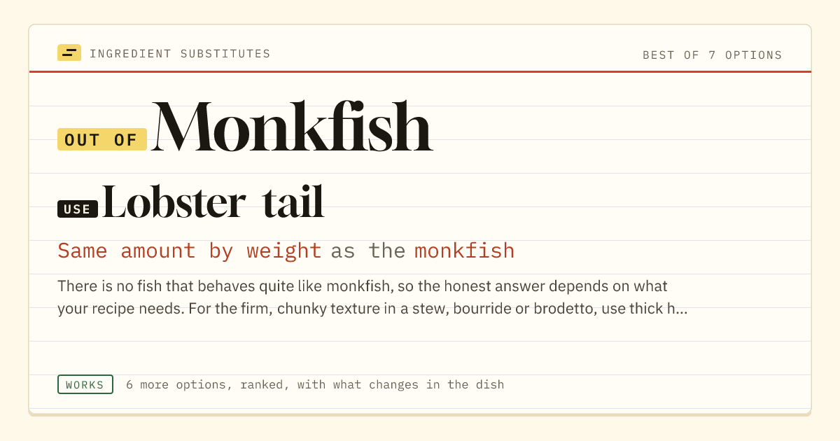 Monkfish substitute: use lobster tail. Same amount by weight as the monkfish.