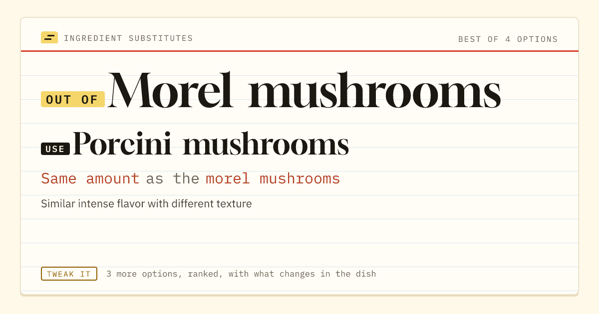 Morel mushrooms substitute: use porcini mushrooms. Same amount as the morel mushrooms.