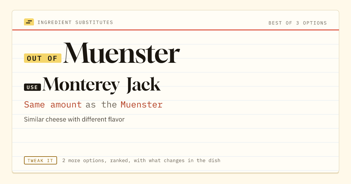 Muenster substitute: use Monterey Jack. Same amount as the Muenster.