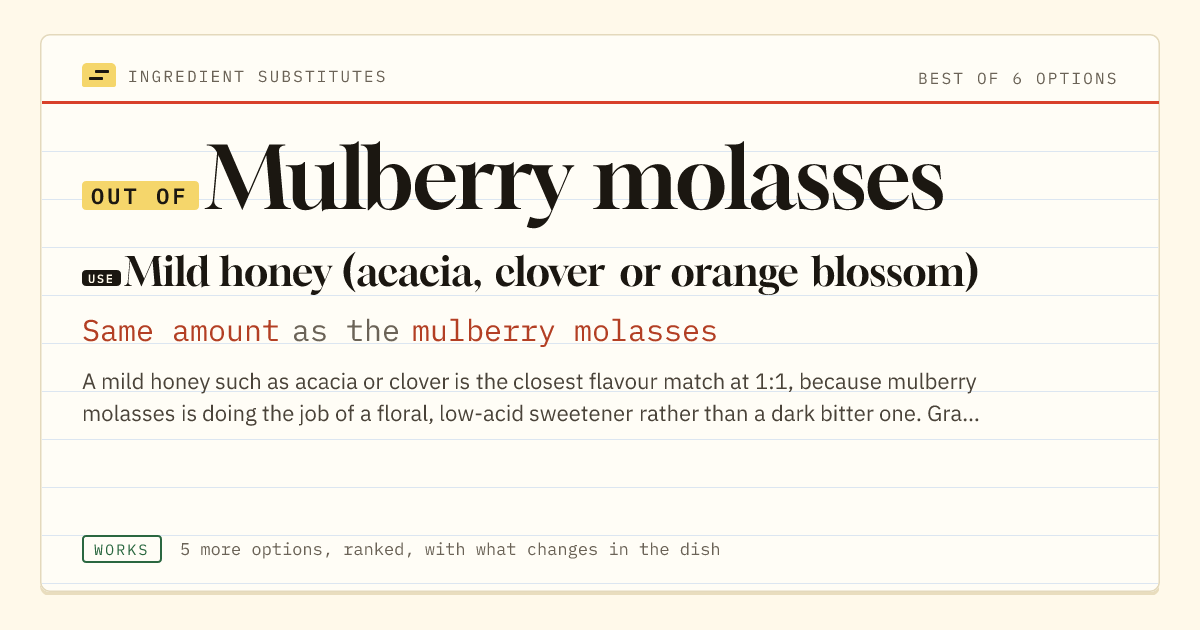 Mulberry molasses substitute: use mild honey (acacia, clover or orange blossom). Same amount as the mulberry molasses.