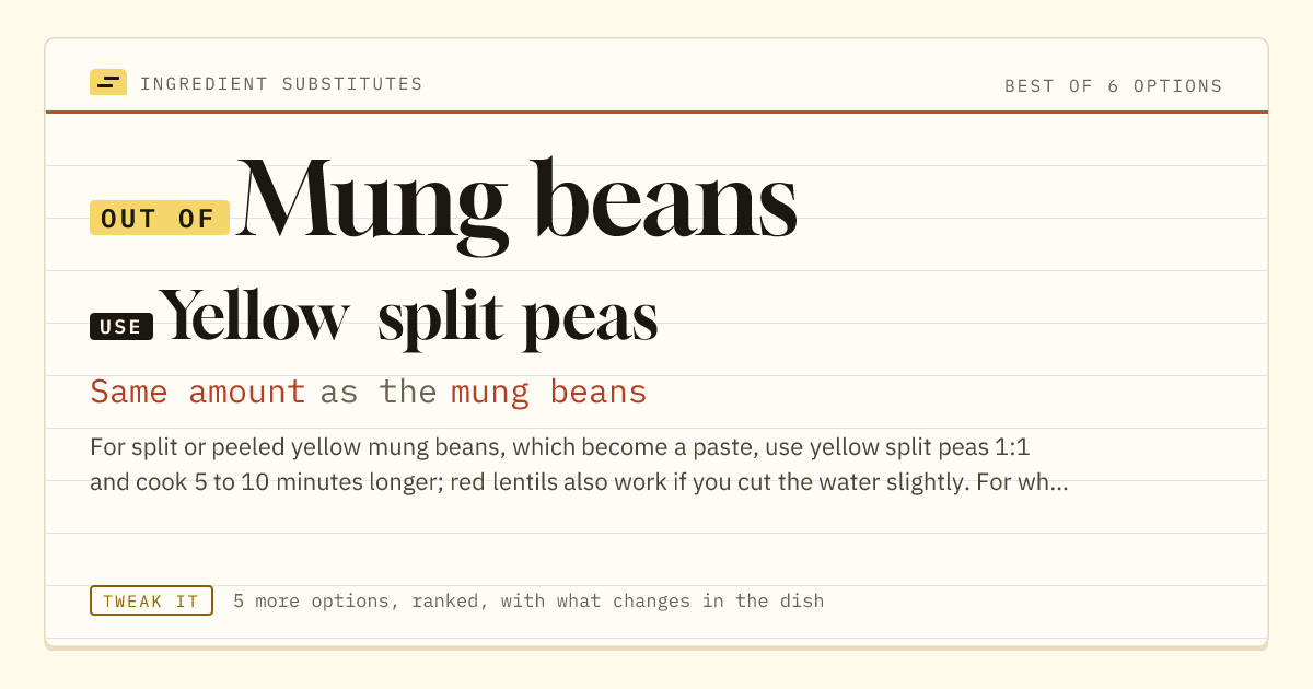 Mung beans substitute: use yellow split peas. Same amount as the mung beans.