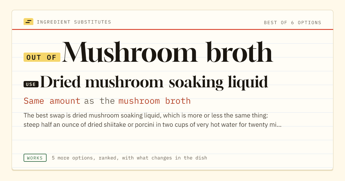Mushroom broth substitute: use dried mushroom soaking liquid. Same amount as the mushroom broth.