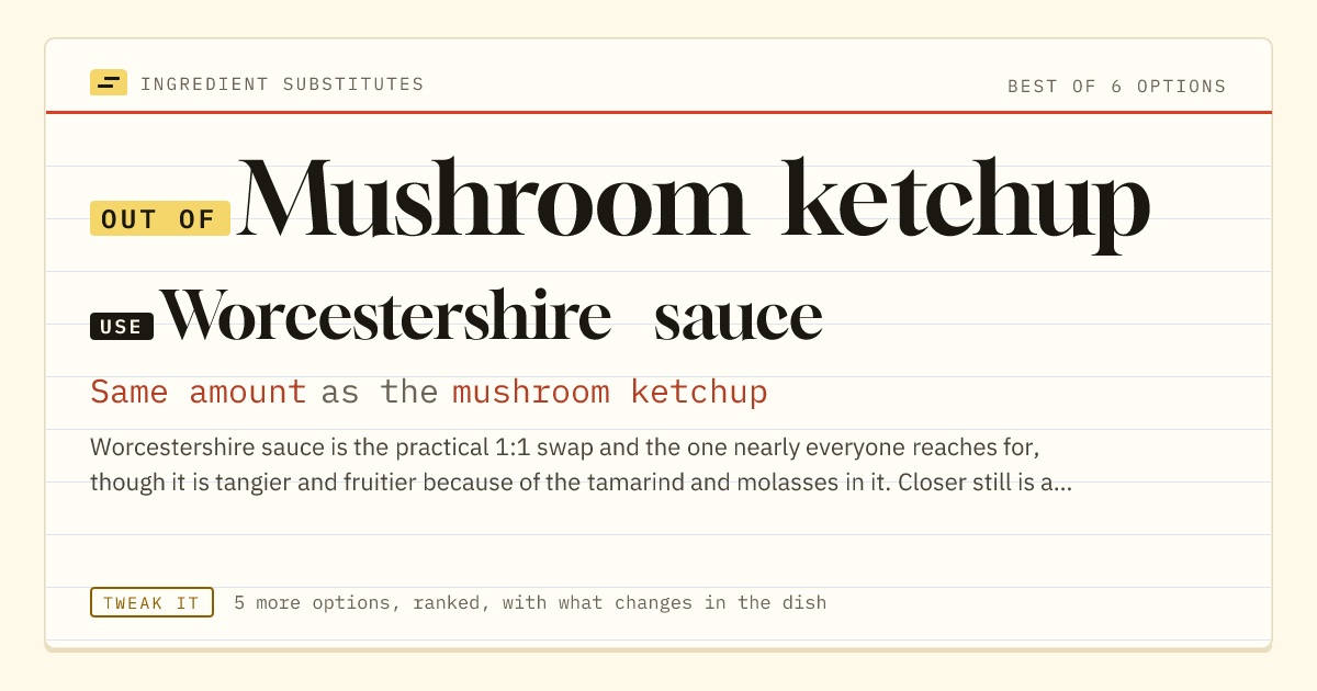 Mushroom ketchup substitute: use Worcestershire sauce. Same amount as the mushroom ketchup.