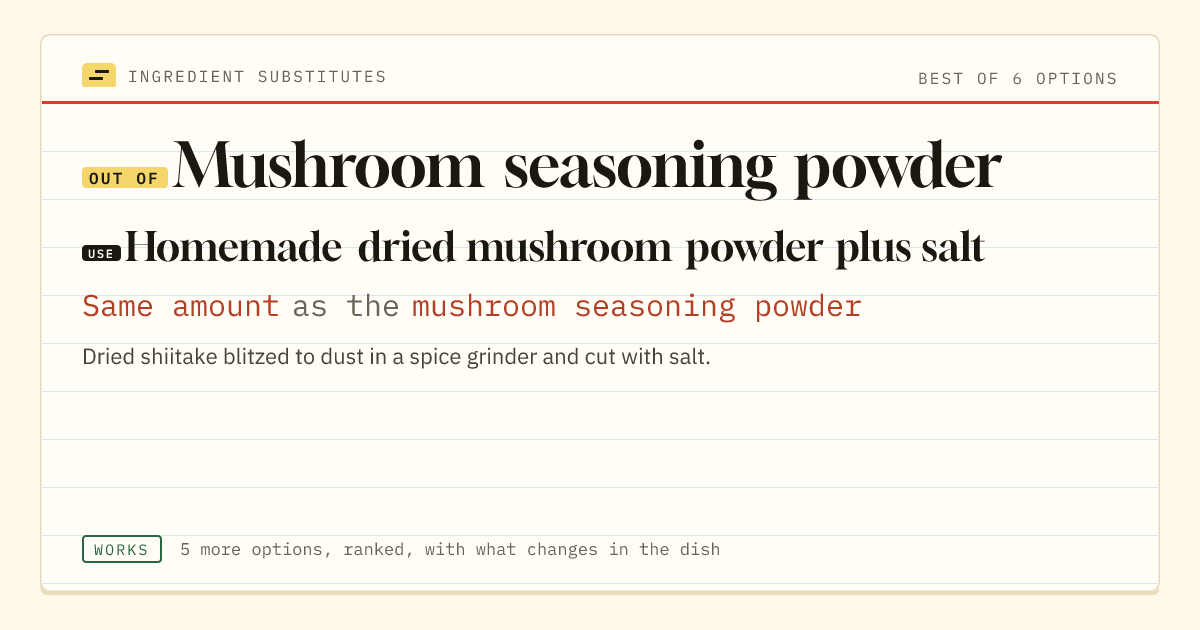Mushroom seasoning powder substitute: use homemade dried mushroom powder plus salt. Same amount as the mushroom seasoning powder.