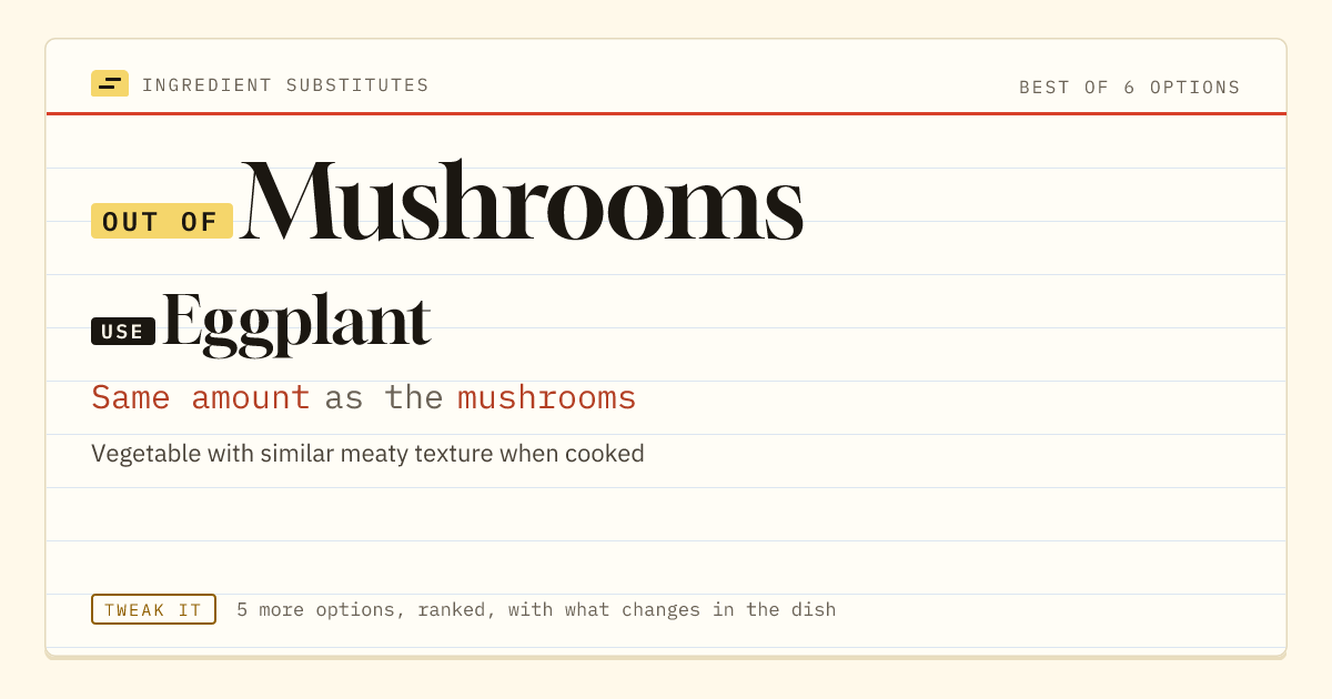 Mushrooms substitute: use eggplant. Same amount as the mushrooms.