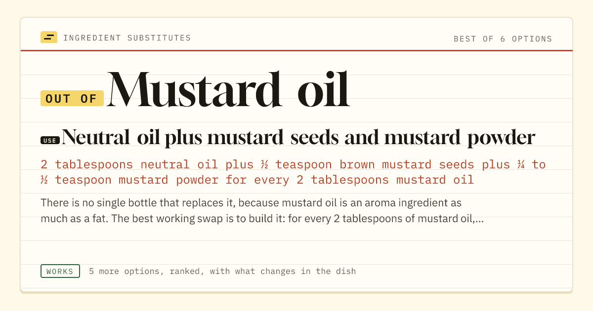 Mustard oil substitute: use neutral oil plus mustard seeds and mustard powder.
