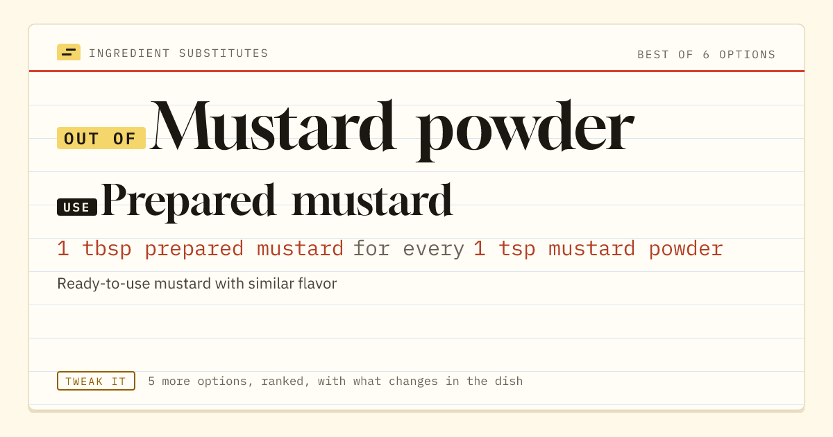 Mustard powder substitute: use prepared mustard. 1 tbsp prepared mustard for every 1 tsp mustard powder.