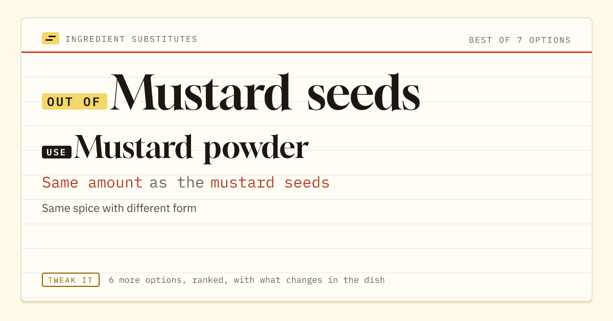 Mustard seeds substitute: use mustard powder. Same amount as the mustard seeds.