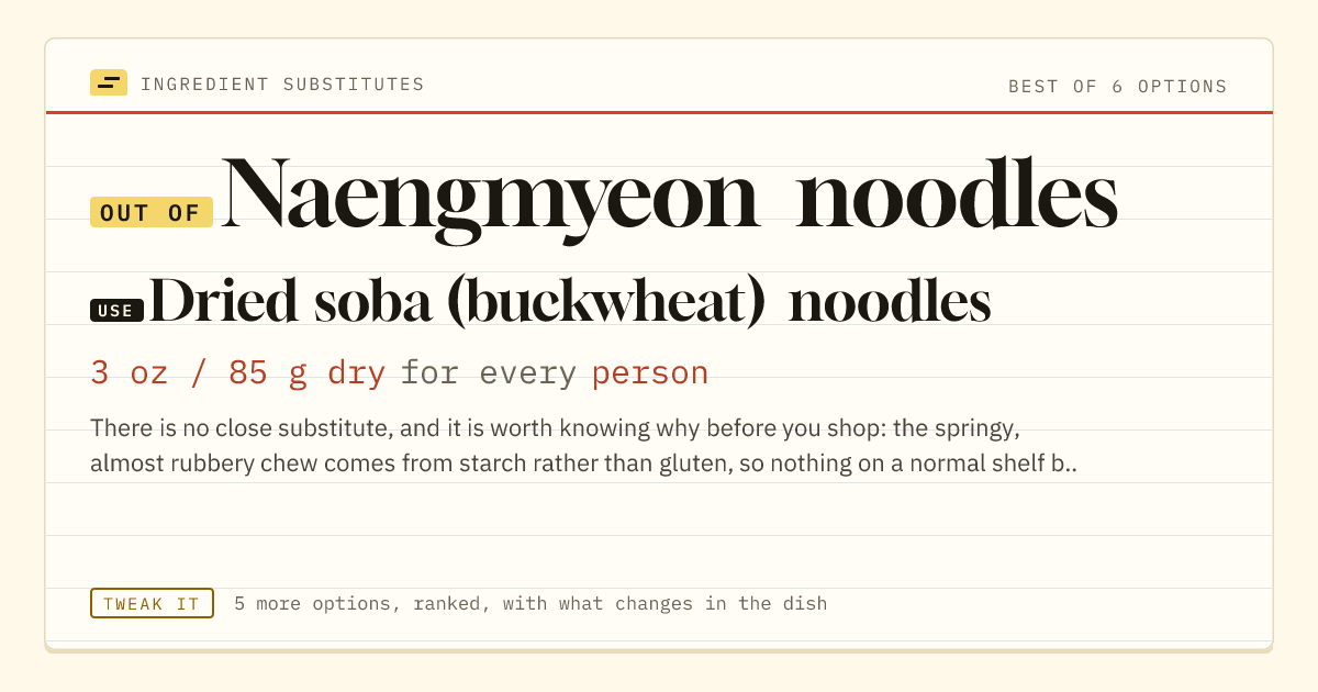 Naengmyeon noodles substitute: use dried soba (buckwheat) noodles. 3 oz / 85 g dry for every person.