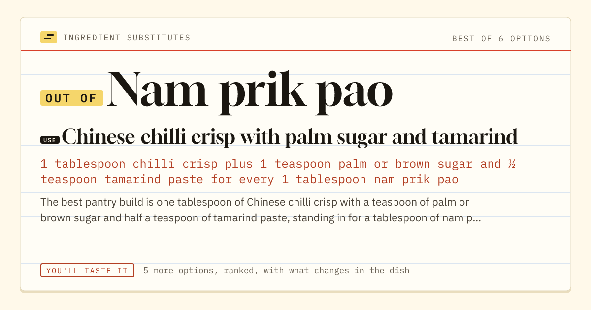 Nam prik pao substitute: use Chinese chilli crisp with palm sugar and tamarind.