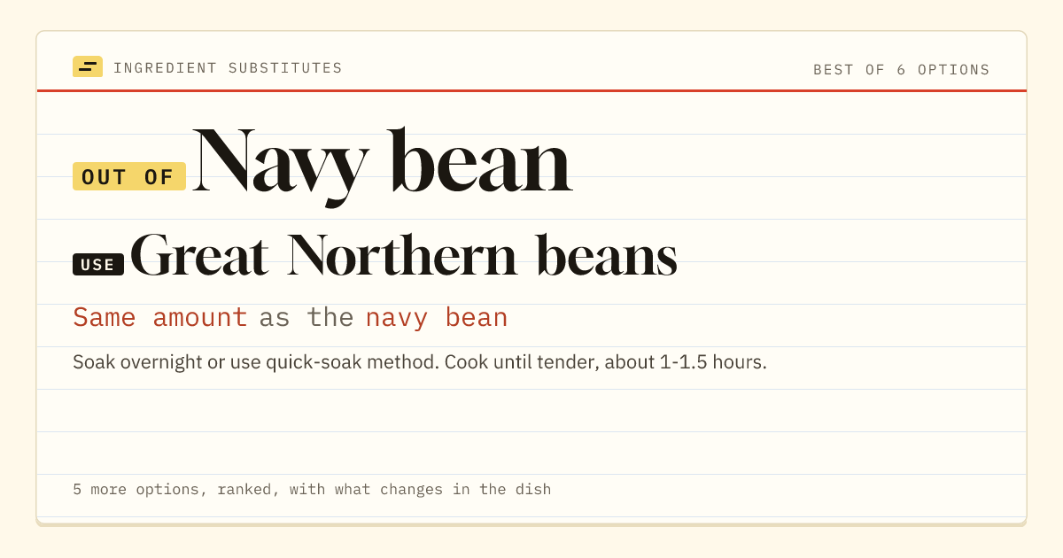 Navy bean substitute: use great Northern beans. Same amount as the navy bean.