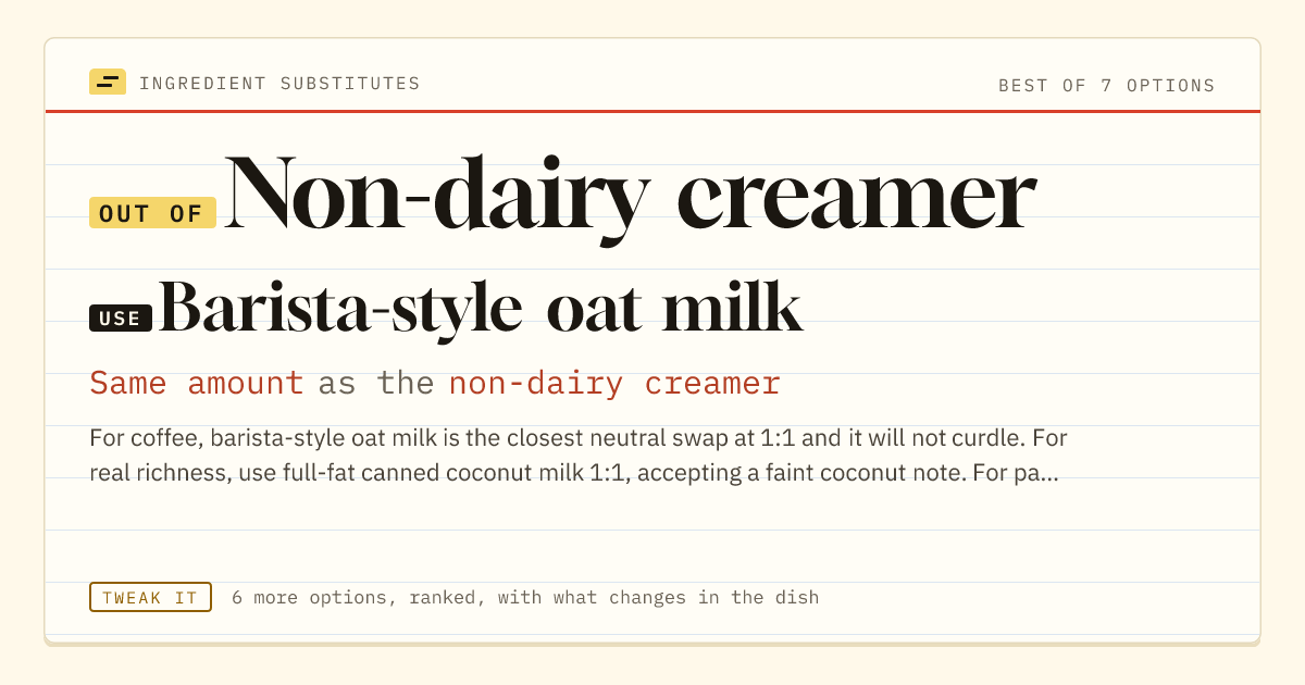 Non-dairy creamer substitute: use barista-style oat milk. Same amount as the non-dairy creamer.