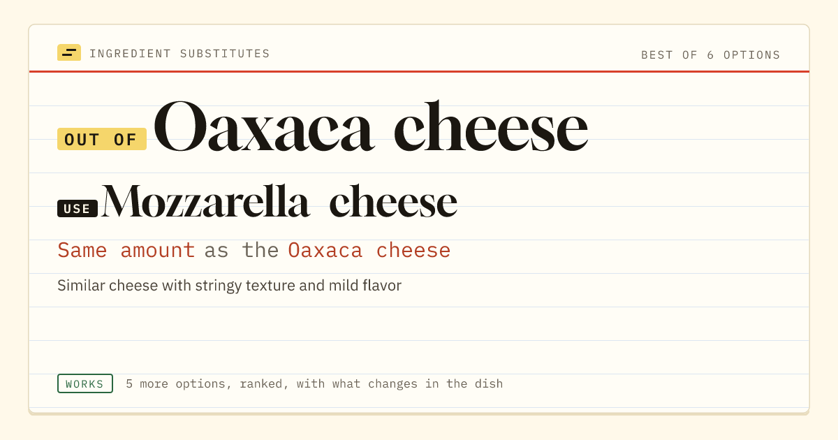 Oaxaca cheese substitute: use mozzarella cheese. Same amount as the Oaxaca cheese.