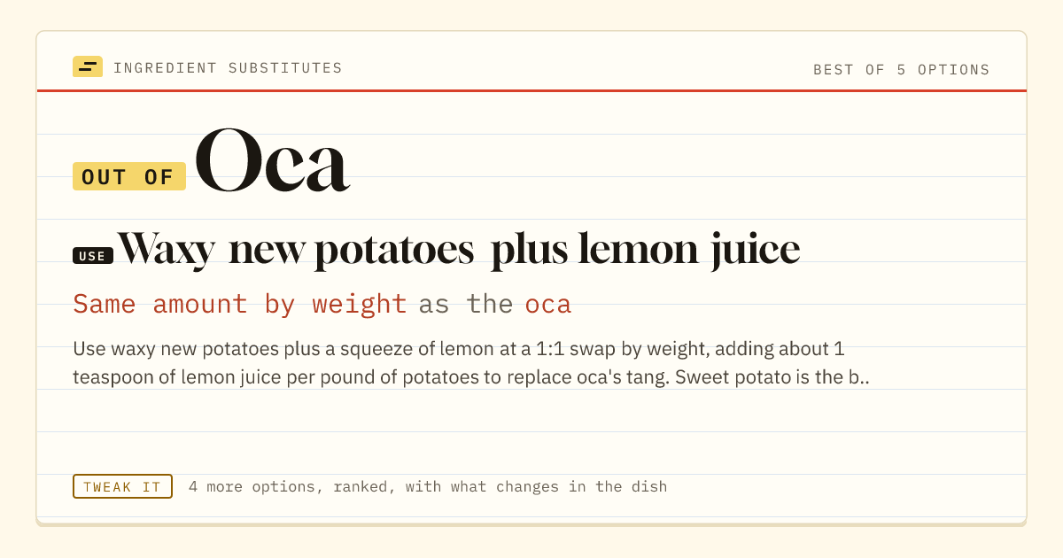 Oca substitute: use waxy new potatoes plus lemon juice. Same amount by weight as the oca.