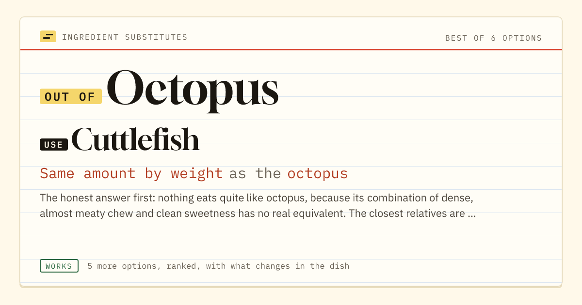 Octopus substitute: use cuttlefish. Same amount by weight as the octopus.