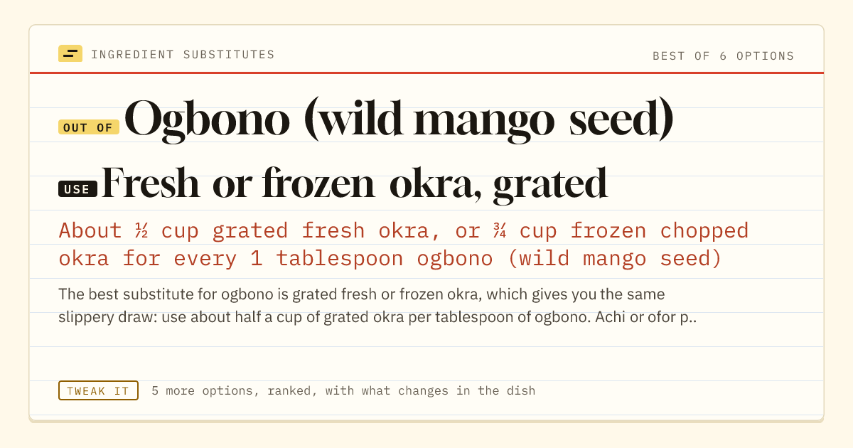 Ogbono (wild mango seed) substitute: use fresh or frozen okra, grated. About ½ cup grated fresh okra, or ¾ cup frozen chopped okra for every 1 tablespoon ogbono (wild mango seed).
