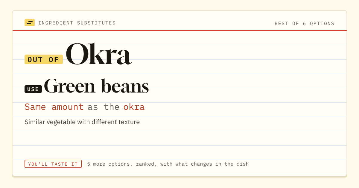 Okra substitute: use green beans. Same amount as the okra.