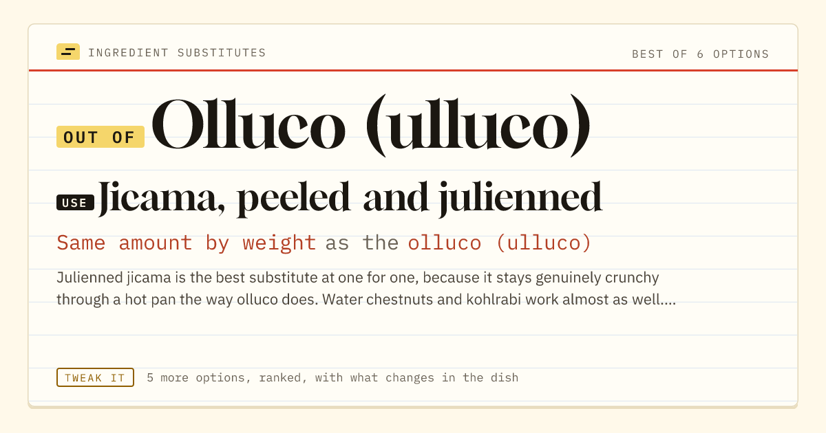 Olluco (ulluco) substitute: use jicama, peeled and julienned. Same amount by weight as the olluco (ulluco).
