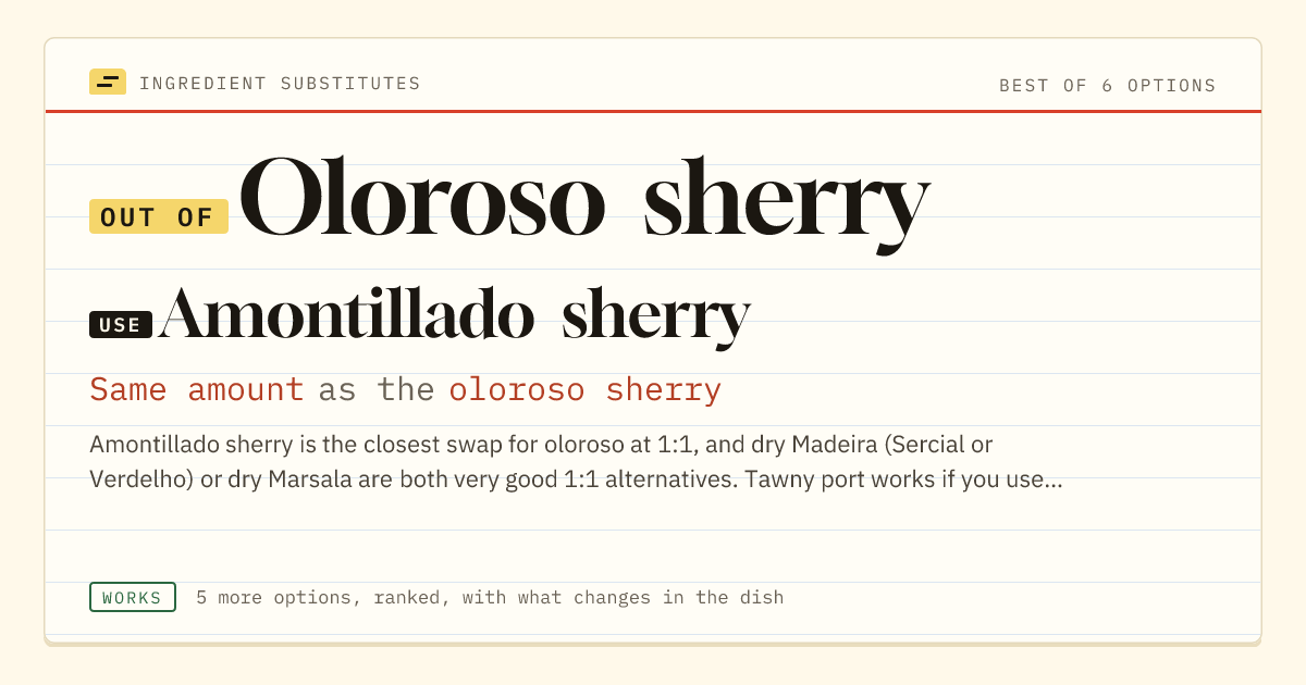 Oloroso sherry substitute: use amontillado sherry. Same amount as the oloroso sherry.