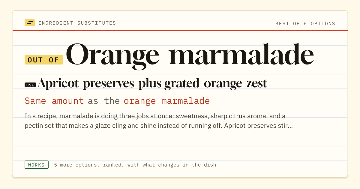Orange marmalade substitute: use apricot preserves plus grated orange zest. Same amount as the orange marmalade.